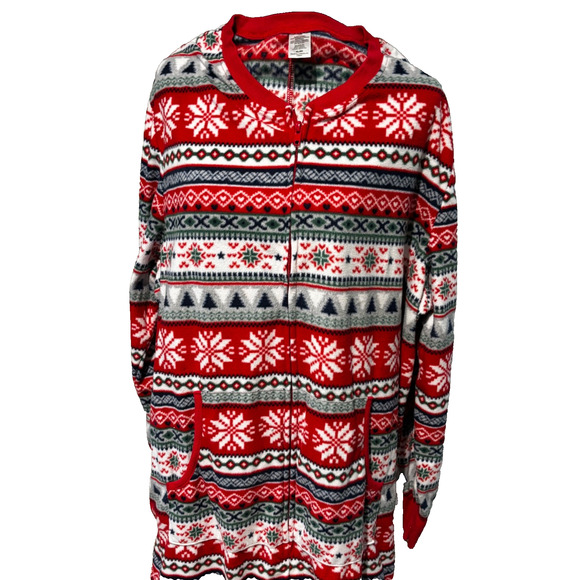 Christmas Union Suit Women XL Red Fair Isle Fleece Pockets Sleeves Zip pajamas - Picture 3 of 9
